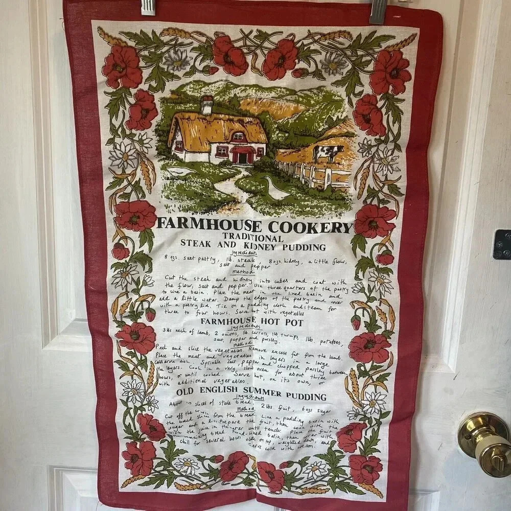 VTG Irish Tea Towel HOME MADE Farmhouse RECIPE Hot Pot Pudding Cotton Kitchen